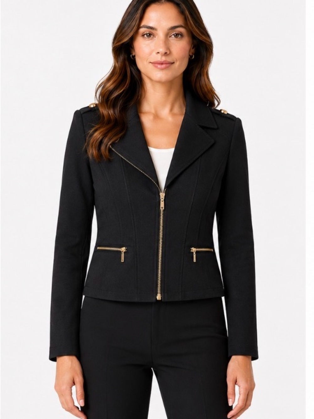 White House Black Market Black Zip-Front Moto Jacket with Gold Hardware